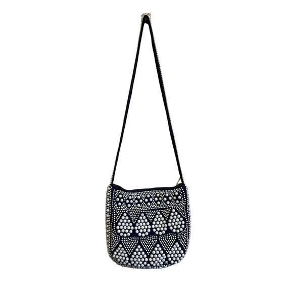 Vintage Handbags - Vintage 1960s Hong Kong cloth beaded crossbody purse tear drop zipper blue white